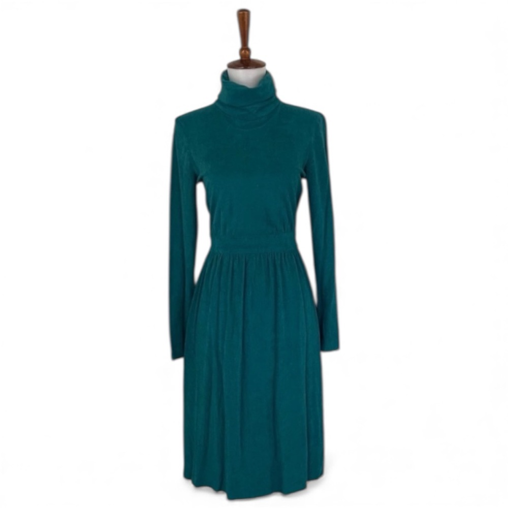 Vintage 70s 80s Midi Day Dress‎ Women’s S Teal Long Sleeve Retro Dark Academia